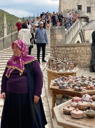 On the Bridge.  Our guide told us that we would see a lot of hijabs and cover ups but these were primarily tourists and not the local Muslims.