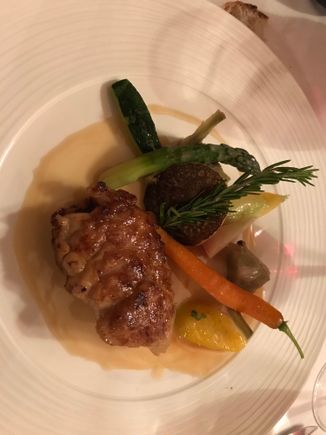 I hope this photo loads properly. We managed to find the restaurant last night though not with any help from the GPS. It kept directing us up alleys and the wrong way up one way streets. Finally we parked and walked up an alley. My reward was the ris de veau posted. Yum!
We went to the market in Amboise today. Since most restaurants are closed Sunday evening and Monday we had a nice lunch there though terribly unphotogenic!
Now we are having a light supper of rabbit pate, Comte, olives & wine