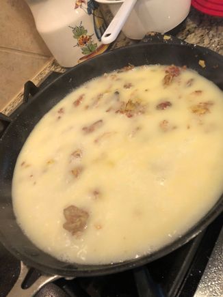 
Chicken stock and cream added to skillet with bacon and veg mixture toasted with flour