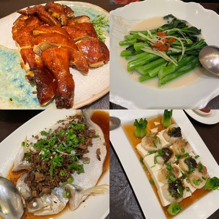 Clockwise from top left- chicken, veggies, tofu topped with scallops, whole fish