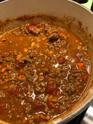 
I did a lazy rough chop on the soffrito this time. 