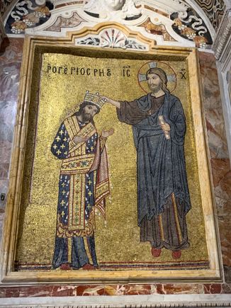 Mosaic of Jesus crowning the Sicilian king, Roger II.  La Mortorana church.  Palermo