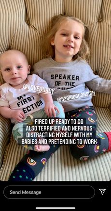 Baby boy’s shirt says “My First Election’” even though some of our men might read it differently.