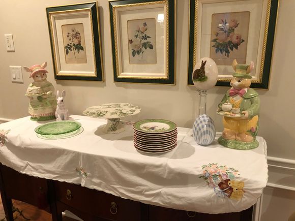 Dessert station on sideboard with mom’s embroidered Easter cloth