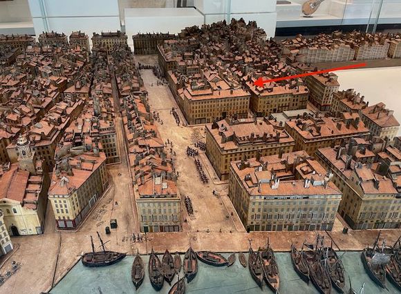 A later rendering about 500 years old. The red arrow points to our apartment.