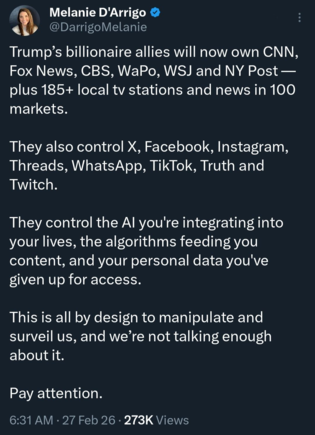 The good news is the US has freedom of speech, but the bad news is, only if owned by 47's friends.