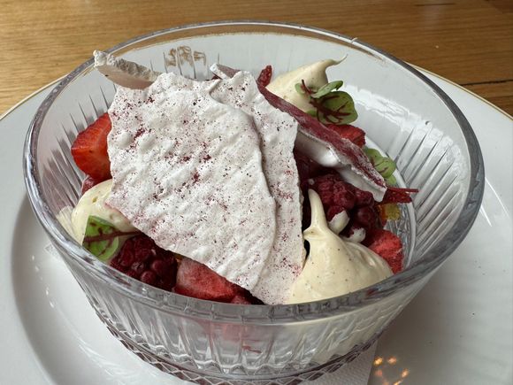Exquisite dessert! Eton Mess - fresh berries, beetroot sorbet, fresh cream, and merinque