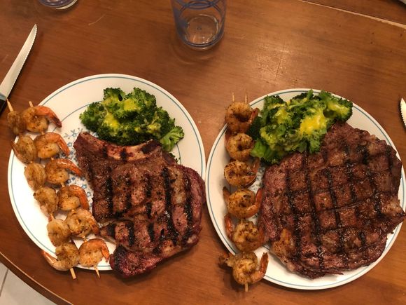 Our Valentines Supper. Mrs Z wanted to have it tonite as opposed to tomorrow night.  Prime beef rib eye steak and shrimp on a skewer.