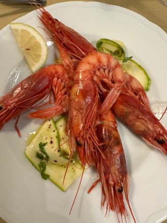 Some of the best shrimp I've ever eaten:  Red shrimp from Salina.....served with zucchini alle scapece--antipasto