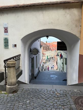 Looking through the archway down to the Lower Town