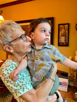 Ethan is no sooner inside the door and he is reaching his arms upward for Joyce to pick him up. And that happens whatever he is here. Melts Joyce’s heart big time.