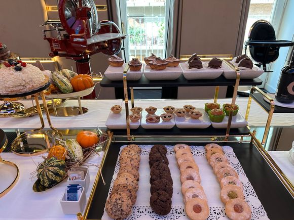 Closeup of one small portion of the breakfast buffet; plus you can get eggs made at your table!