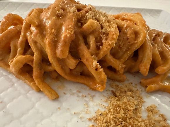 There are no bits of horseman in the pasta; they braise the horse for other dishes, and use the leftover braising liquid for the ragu.  Our waiter told us he grew up eating this dish.  Horsemeat, and donkey meat, are common on the tables of Puglia.  You cannot tell that t his is anything other than beef, or pork.