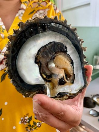 Joyce is hit paydirt and is coming home with 2 sets of earrings and a necklace/pendant combo. We’ve seen lots of Tahitian pearls in our travels which led us to believe they only came in shades of silver and gray. Nope…..