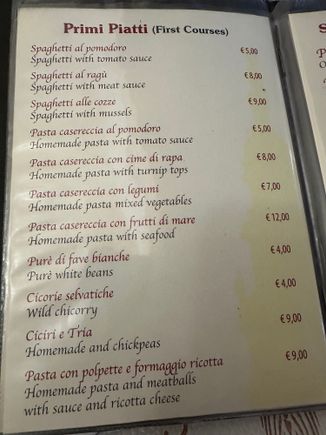 TRATTORIA SALANDA menu; note pricing, which is among the least pricey we've encountered at a restaurant on this trip