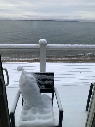 Outside our hotel room this morning with a snow covered beach. That’s a bag of DH’s ice that of course didn’t melt overnight!