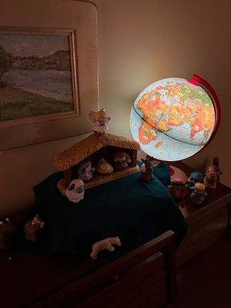 Our daughter got this her first Christmas, and I still set it up every year. 

I also have a nativity from my grandparents but don’t have a photo. My grandpa made the barn from some wood from one of the original barns on their farm. 