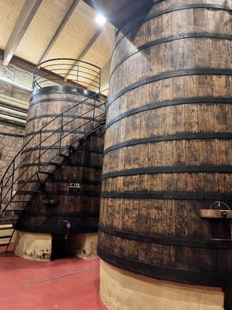 Aged wooden barrels for aging wine. Muga.