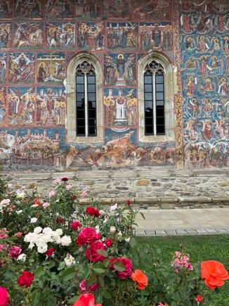 The paintings are set on a beautiful blue background. 