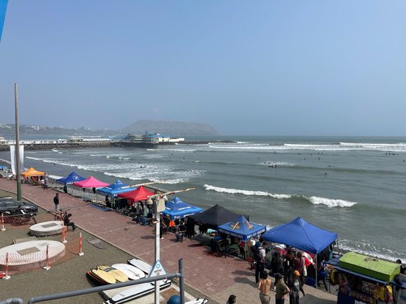 Surfers along the beach