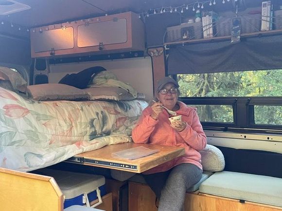 First up, a little breakfast of yogurt and granola in the van.