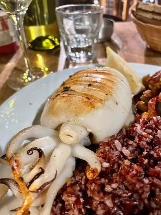 Now I know that seche means cuttlefish.  I've never seen it fresh before. Or whole. Served with red camarguaise rice