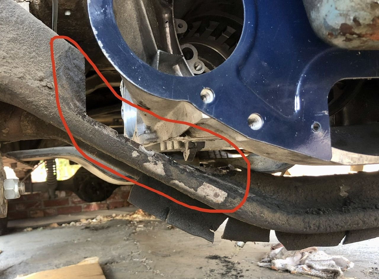 I notched the intermediate crossmember for clearance of the C6 pan. This will get filled in. I am not using this frame. I have another perfect frame that I will transfer these measurements.