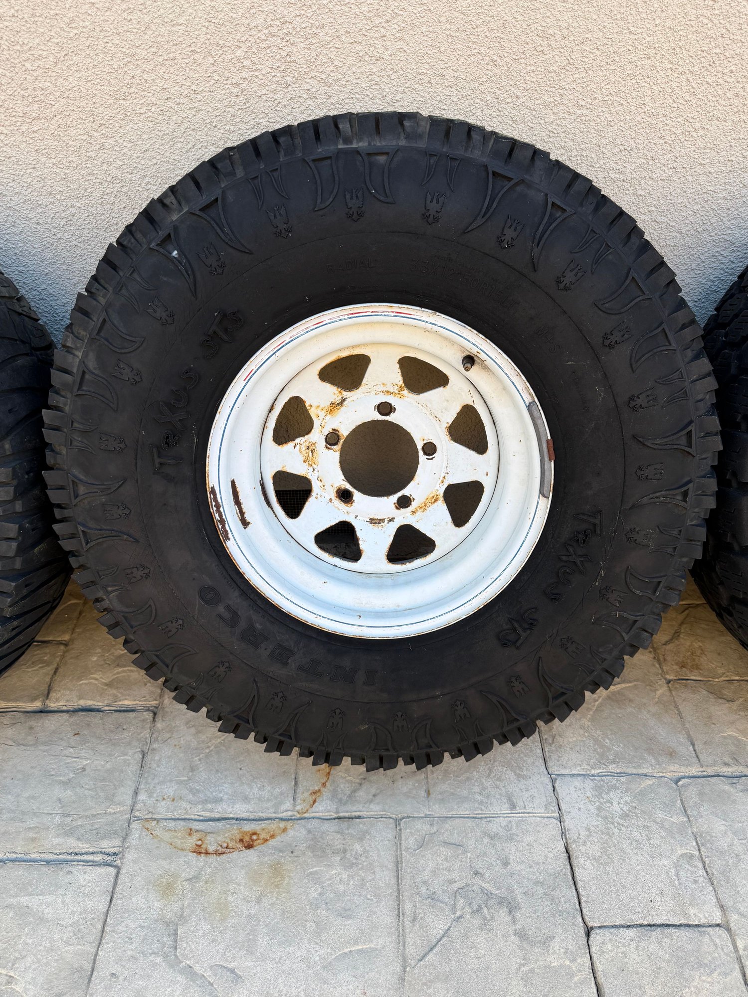 Wheels and Tires/Axles - Set of 5 Vintage wagon wheels 15x8.5, 5x5.5, F100, F250, Bronco, Jeep, with worn tires - Used - -1 to 2026  All Models - Los Altos, CA 94024, United States