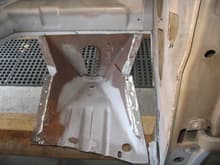 F250 Cab after sandblasting &amp; priming. Rotten parts of passenger floor pan cut-out.