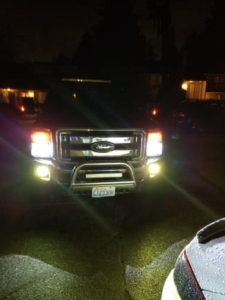 Headlights are Nighteye 12000 lumens with built in fan and fogs are extreme LEDs 3800 lumens they come with additional glass filters to slide over the LEDs they also have built-in fans . The cut off on the headlights are fantastic I have not been not been high beamed it all.