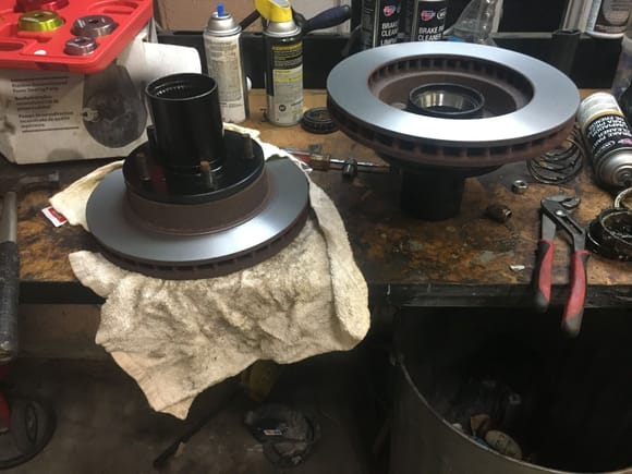Freshly turned rotors installed on repainted hub assemblies