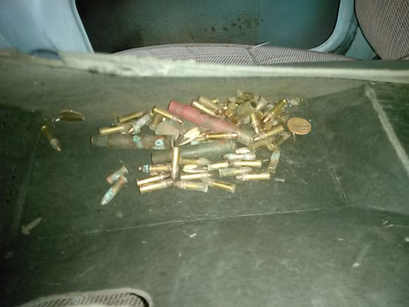 Going to be hard not to call this truck Bullet.  This was found today in the heater box.  I think there are at least 50 various live rounds here....not counting at least 30 live 223 rounds, and other various rounds I've found in it.  Lots of spent rounds too.   I think this guy hunted from his truck....lol Painting it like my Grandpa' s  White F250 explorer now even feels more right.  Grandpa would be proud. Lol