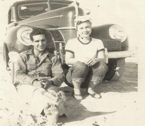 Momaw and popaw in 1947 in front of a 1940 Ford. They met in the 3rd grade, were married 65 years and died 12 days from each other.