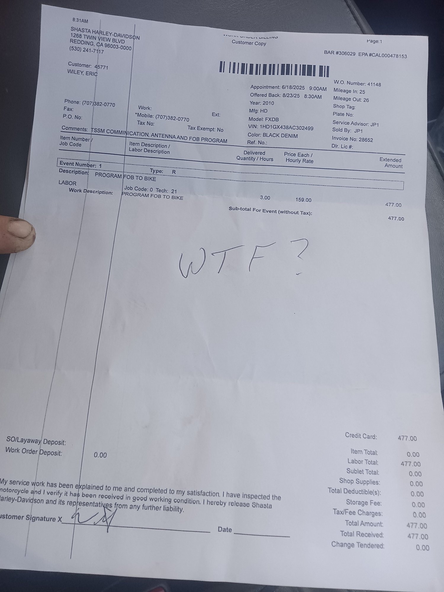 Not 5 Min after I gave this place $477 I went out to get my bike and was told that I was in a customer only zone and told I had to wait out front.  Shasta Harley Davidson in Redding California is the worst Harley dealership in the whole line of Harley dealerships ever I highly recommend to never take your bike there!  Told me to my face they couldn't do something that shows how to do in the service manual.  I don't get how it took 2 1/2 months to configure that lie.  