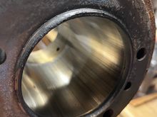 Cylinder two. A lot more scouring. But the scouring on neither one of the two cylinders can be felt with a fingernail. 
The pistons on the other hand, you can just barely feel the scouring on them. I’m thinking of just boring it to .030 with new pistons and rings. What say you all?