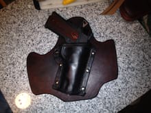 Unfinished ISWB holster for my Colt 1911.  Still needs stitching on the left side and needs the belt clips and holes punched.