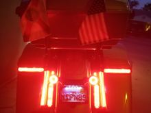 The H-D Tour-Pac luggage rack has the H-D lights, added later...you can see the difference.  Down below, everything (except the CD lit LP Frame) works as RUN/TURN/BRAKE with a CD strobe module.  Both night and day rear visability is now good.