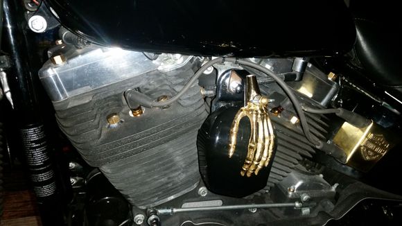 New iridium spark plugs, gold braided wires on the way. As well as custom brass bolt covers on head and valve cover bolts