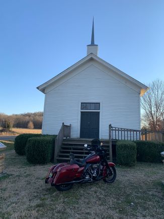 A little late but I’m gonna post anyway. 
Thunder in front of the early 1900’s Methodist Church at Veto, Alabama on the Tennessee line at Limestone County (AL) and Giles County (TN) 