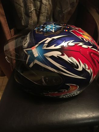 Norick Abe replica, vented removable padding and a Kevlar composite build mix. The helmet is as unique as the bike I ride. A Harley