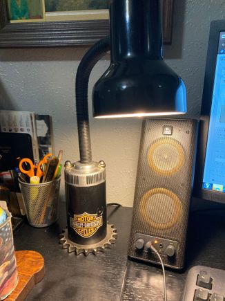 MY favorite!! Ironhead Starter Desk Lamp. Goose-neck from old desk lamp. Base is XLH trans sprocket.