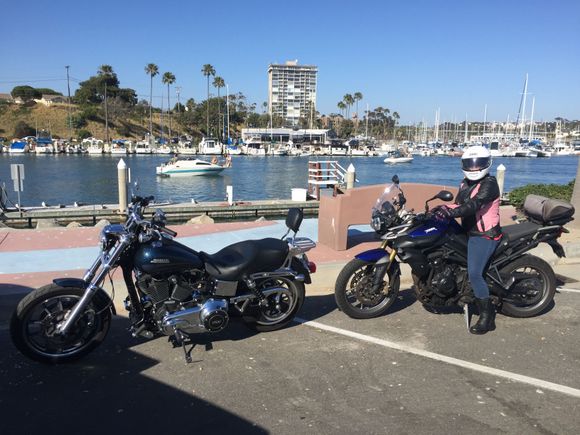 I'm on my FXDL, and GF is on her Tiger. 

Oceanside Harbor.