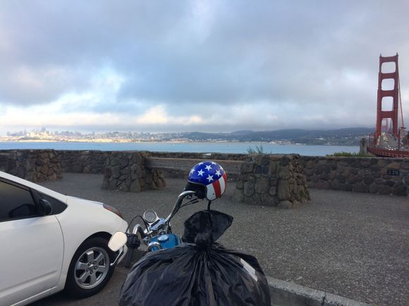 This is one of my more favorite raw photos, the golden gate, the city and of course the Bay. The black trash bag and the Harley just explains the amount of effort it took to reach this sight.