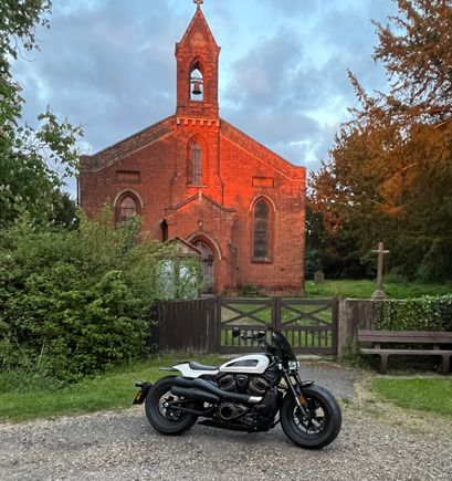 Late evening sun on this church with the Sportster 1250 S