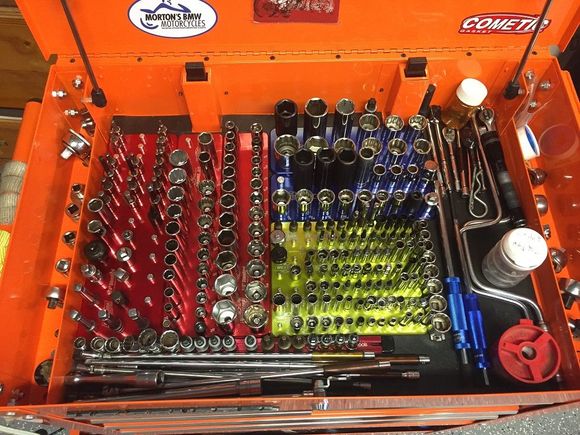 Tool cart for motorcycle work, all SAE.
50 years accumulation of sockets, ratchets etc.
All made in USA.
Yes, I am a tool snob, no apologies.