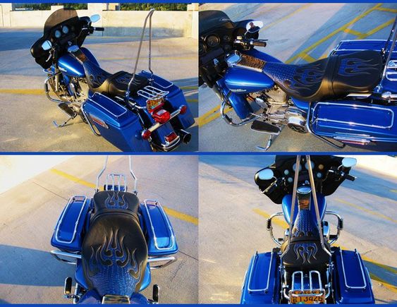 Electra Glide Blue Gator Flames Seat 
http://www.sideroadcycles.com/AmericanMotorcycles/Seats/Motorcycle_Seats.html
