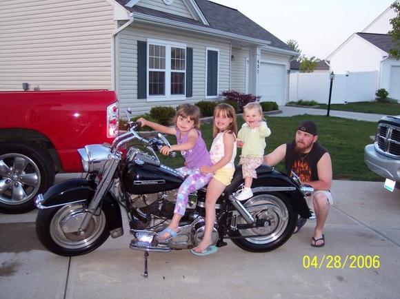 Carly(daughter)Madison(neighbor) and Riley(daughter) on my 79 FLH Shovel.