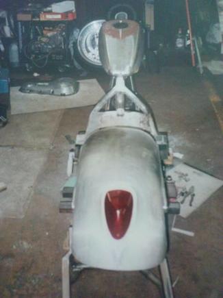 KTM Duke firelight on Russ Vernamount rear fender, sporty gaz tank, Walz Drag style frame