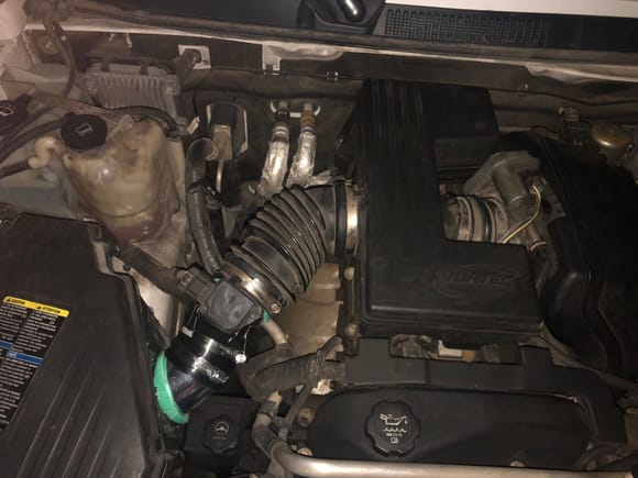 So I put the air filter box and put the aluminum aftermarket tube/filter. I put the original vortex  box and hose and i tried to clamp the plastic tube to the cut maf sensor tube and it’s working now but it has bogging and also when I completely stop it shows “oil” on the odometer and the oil light comes on, when I step on the gas it goes away. I’m just gonna try and find a stock filter or something at the junk yard, sucks but I don’t trust aluminum intakes anymore.