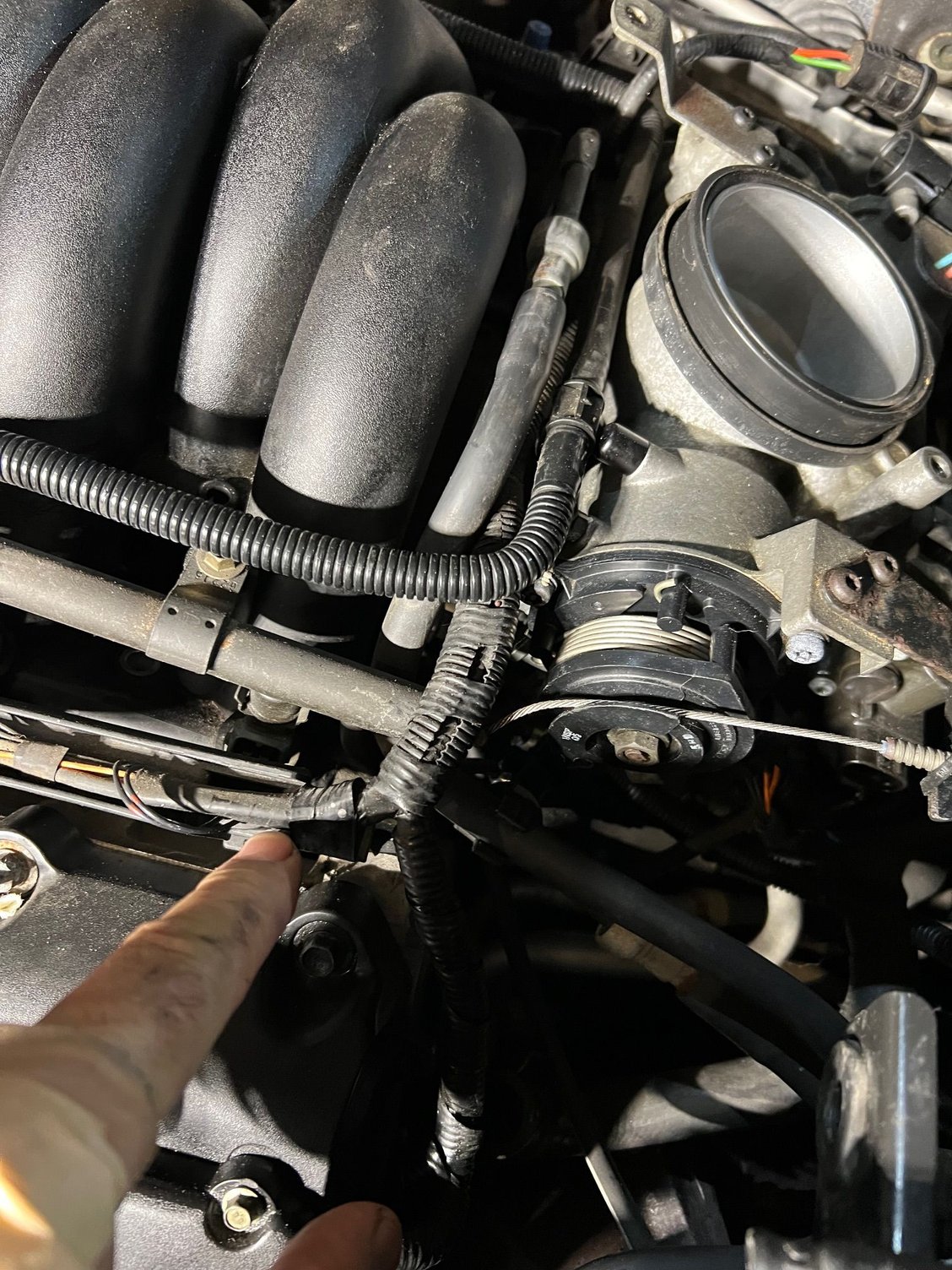 Finger pointing at injector wiring.  Not sure how to disconnect this so can lift manifold up.